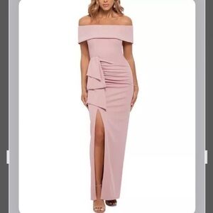 XSCAPE Off-The-Shoulder Ruched Side Bow Scuba Crepe Front Slit Gown in Rose Pink